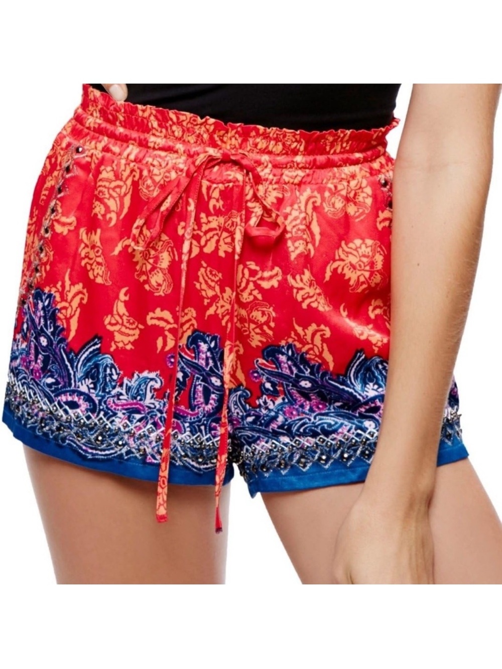 Free People: “San Paulo” Studded Paisley Shorts In Tomato Combo NWT